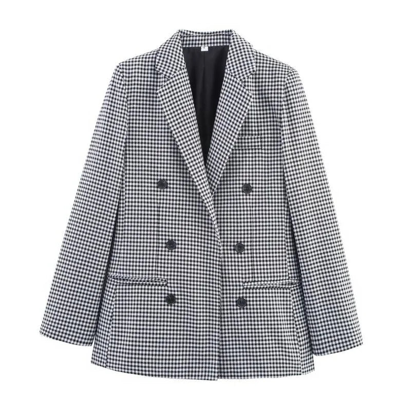 Women's Plaid Blazer Spring Casual Double Breasted Suit Jacket Office Work Daily Outwear Two Colors