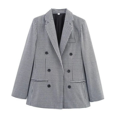 Women's Plaid Blazer Spring Casual Double Breasted Suit Jacket Office Work Daily Outwear Two Colors