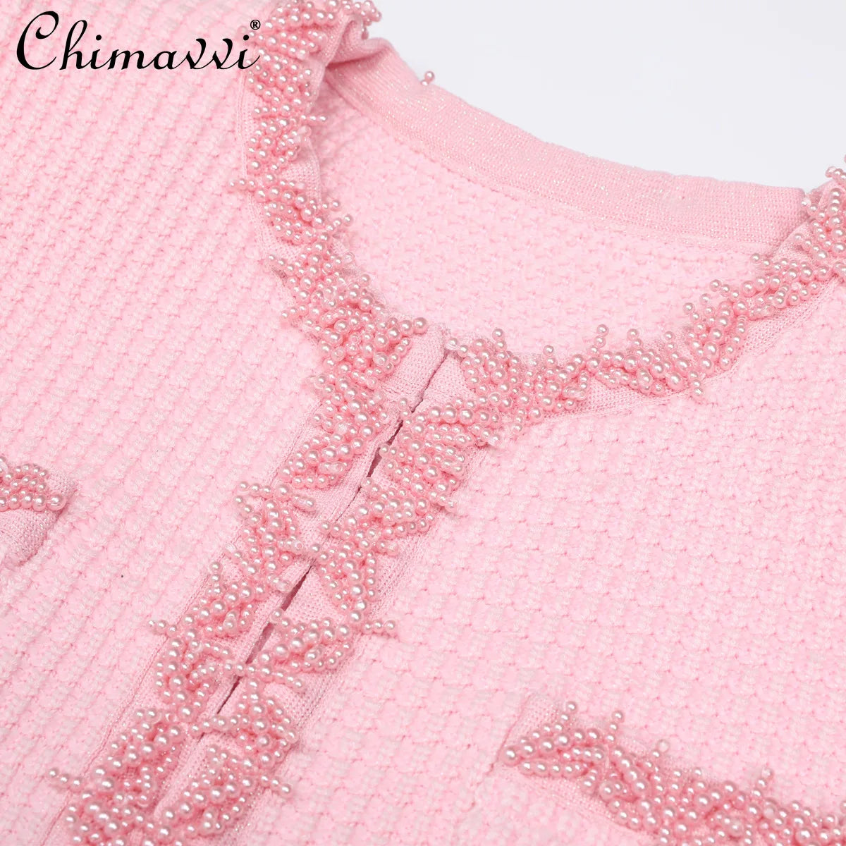 Autumn New High-End Fashion Knitted Beaded Slim Long Sleeve Dress Heavy Round Ne
