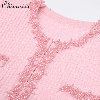 Autumn New High-End Fashion Knitted Beaded Slim Long Sleeve Dress Heavy Round Ne
