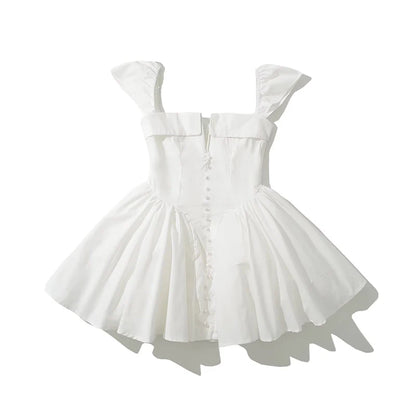 YENKYE Summer Women Sexy Fit And Flare White Mini Dresses Short Sleeve Low Waist
