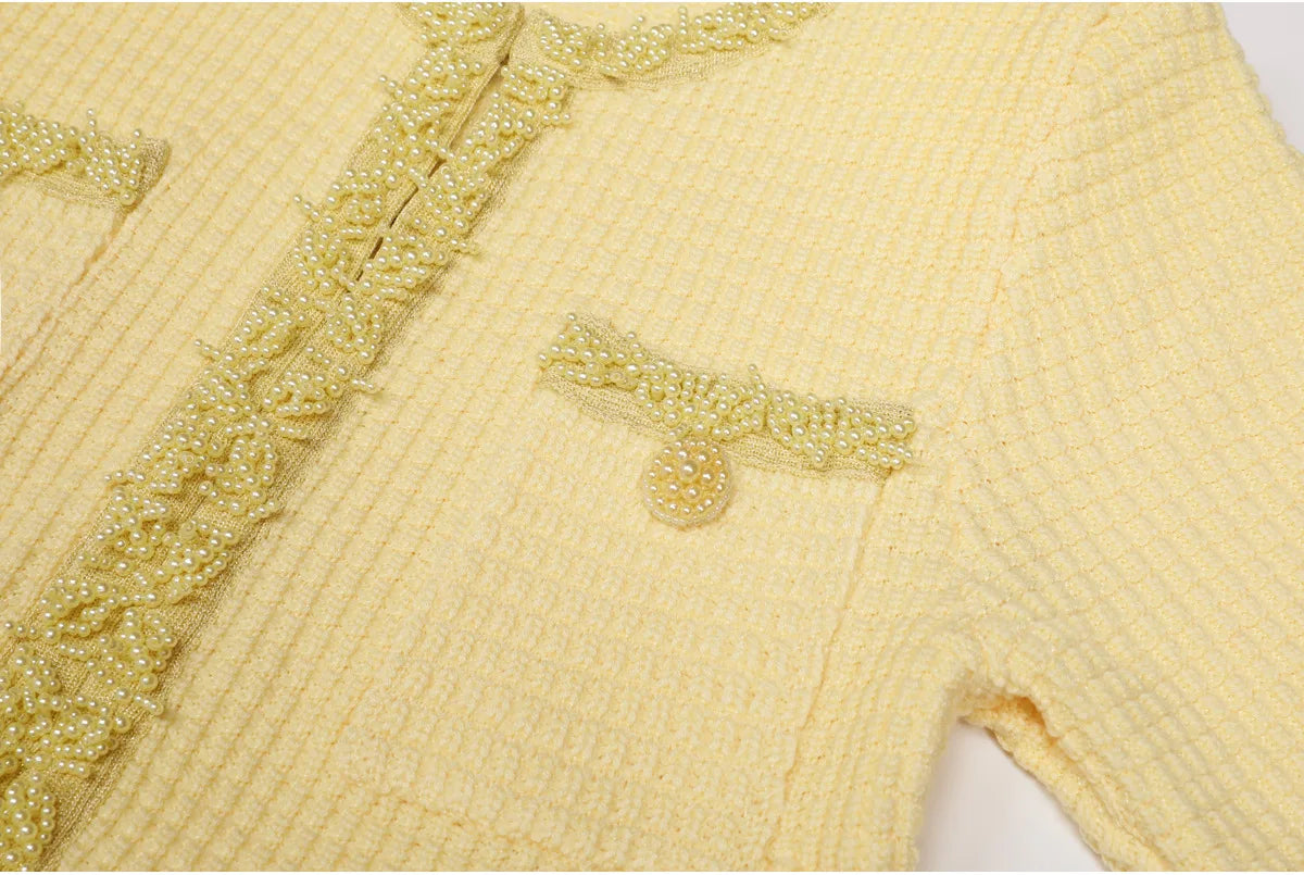 Autumn New High-End Fashion Knitted Beaded Slim Long Sleeve Dress Heavy Round Ne