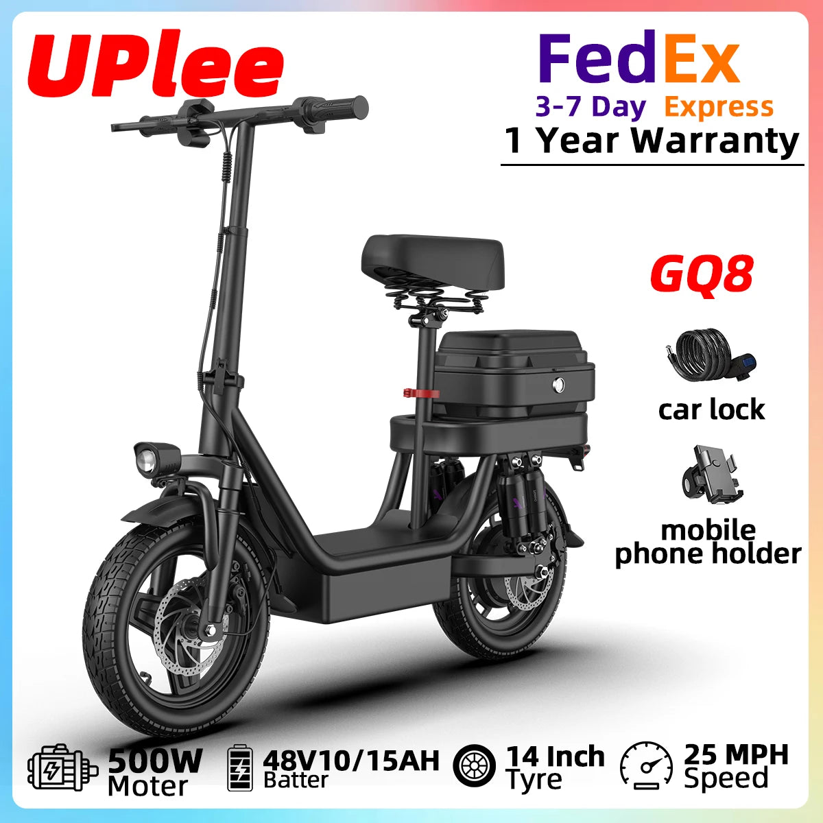 UPlee GQ8 Adult Electric Bike 750W Peak Motor 48V15AH electric scooter 14 Inch fat tire Full Shock Foldable with trunk e bike