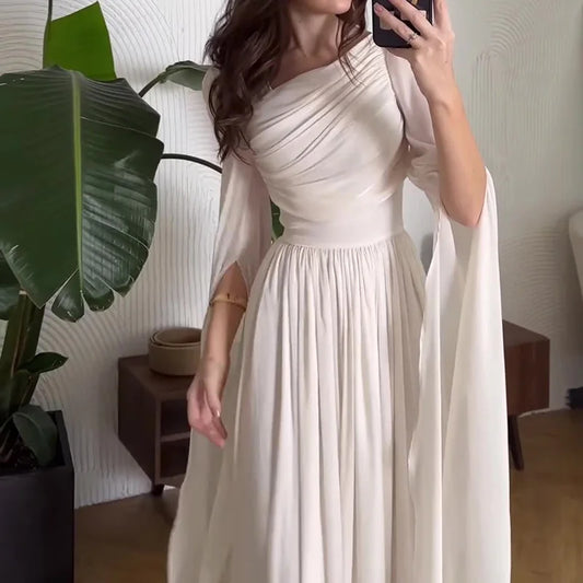 Elegant Slant Shoulder Draped Gowns Dress Casual Split Long Sleeve Solid Party Dress Women Fashion Hight Waist Slim Long Dress