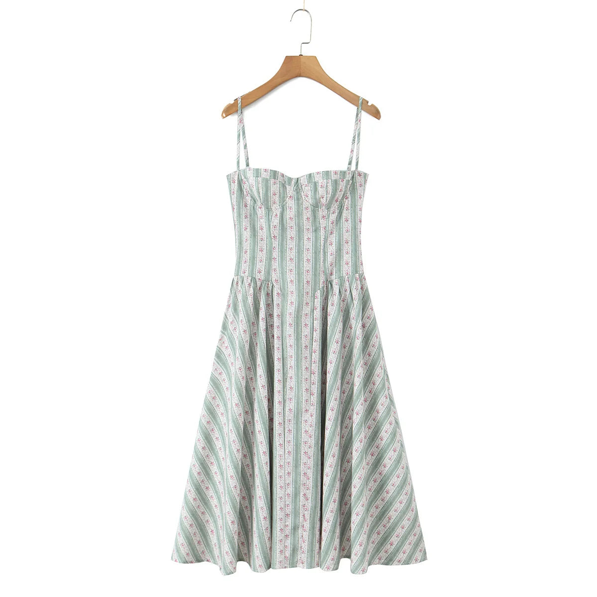 YENKYE Green Striped Floral Print Sexy Spaghetti Straps Dresses Women Elegant A-line Midi Vacation Party Dresses Summer Robe