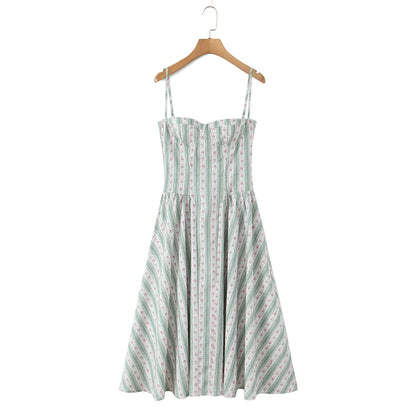 YENKYE Green Striped Floral Print Sexy Spaghetti Straps Dresses Women Elegant A-line Midi Vacation Party Dresses Summer Robe
