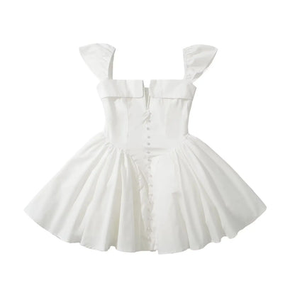 YENKYE Summer Women Sexy Fit And Flare White Mini Dresses Short Sleeve Low Waist
