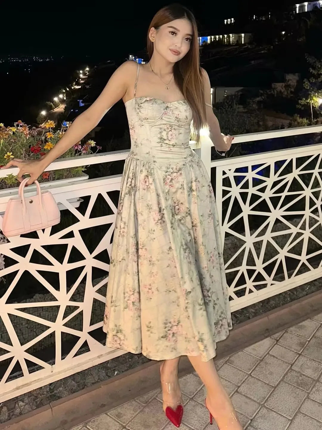 YENKYE Green Floral Print Sexy Spaghetti Straps Dress Women Low Waist A-line Midi Holiday Summer Dresses Party Robe 2025 Vestido