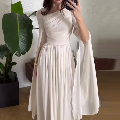 Elegant Slant Shoulder Draped Gowns Dress Casual Split Long Sleeve Solid Party Dress Women Fashion Hight Waist Slim Long Dress