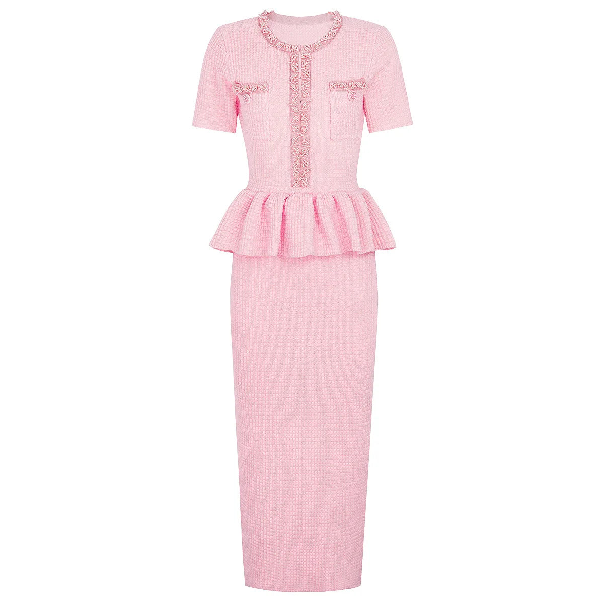 Autumn New High-End Fashion Knitted Beaded Slim Long Sleeve Dress Heavy Round Ne