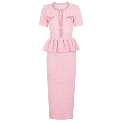 Autumn New High-End Fashion Knitted Beaded Slim Long Sleeve Dress Heavy Round Ne