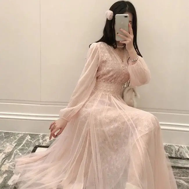 Autumn New Korean Edition Fairy Style Dress Women's Solid V-neck Button Gauze Lace Long Sleeves Wrap Waist Slim A-line Dresses