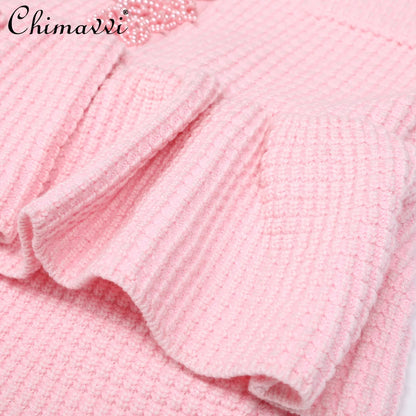 Autumn New High-End Fashion Knitted Beaded Slim Long Sleeve Dress Heavy Round Ne