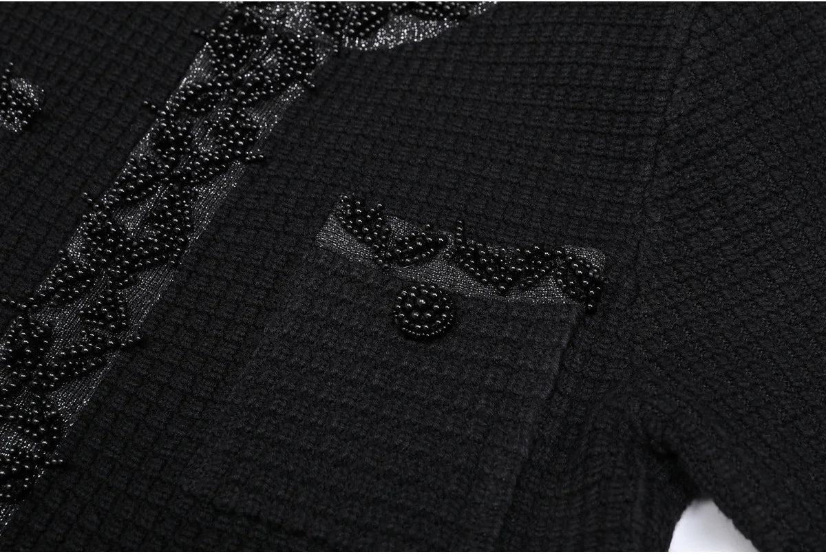 Autumn New High-End Fashion Knitted Beaded Slim Long Sleeve Dress Heavy Round Ne