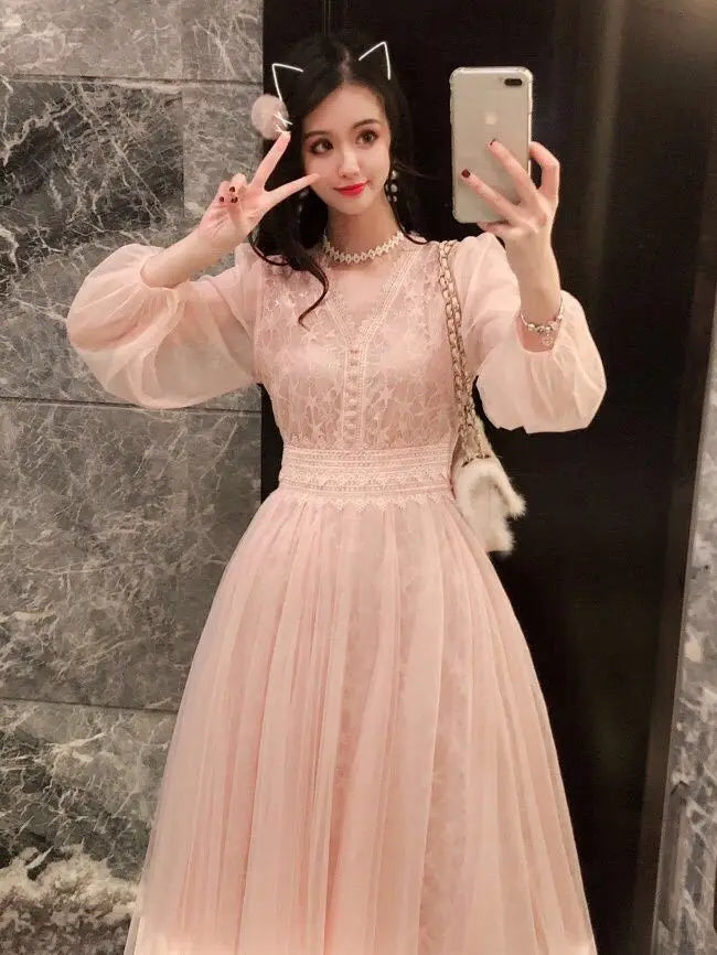 Autumn New Korean Edition Fairy Style Dress Women's Solid V-neck Button Gauze Lace Long Sleeves Wrap Waist Slim A-line Dresses