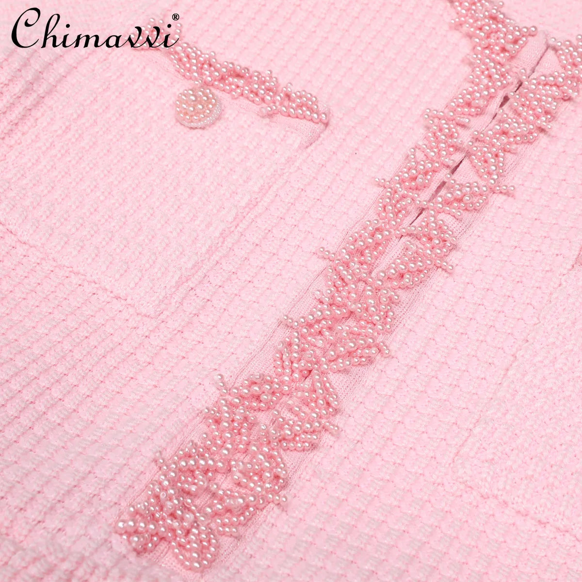 Autumn New High-End Fashion Knitted Beaded Slim Long Sleeve Dress Heavy Round Ne