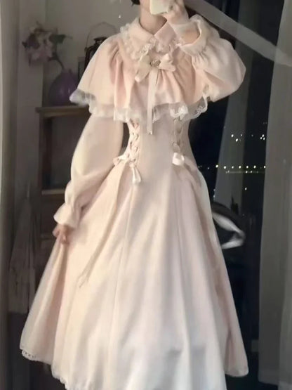 2025 Autumn New Women's Midi Dress French Vintage Lace Evening Gown Romantic Fairy Princess Style Elegant Party Formal Wear