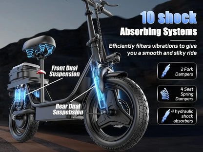UPlee GQ8 Adult Electric Bike 750W Peak Motor 48V15AH electric scooter 14 Inch fat tire Full Shock Foldable with trunk e bike