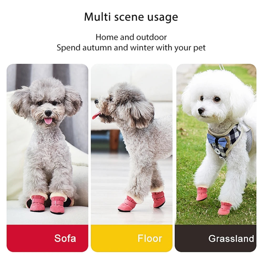 4Pcs Pet Dog Snow Boots Autumn Winter Warm Plush Dog Shoes for Small Medium Dog Cats S-XL Soft with Non-Slip Soles