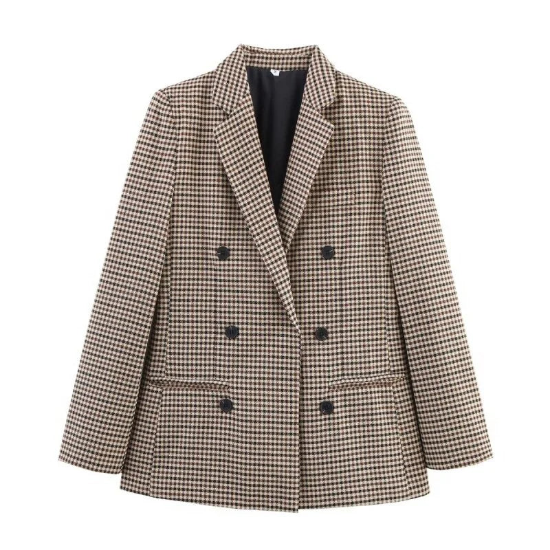 Women's Plaid Blazer Spring Casual Double Breasted Suit Jacket Office Work Daily Outwear Two Colors