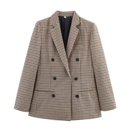 Women's Plaid Blazer Spring Casual Double Breasted Suit Jacket Office Work Daily Outwear Two Colors