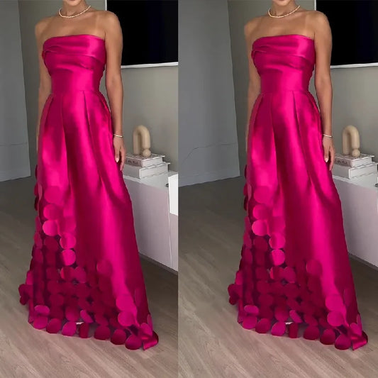 European and American Fashion Strapless, High-waisted Evening Gown, Women Design Sense Stitching Wafer Satin Sexy Dress Vestidos