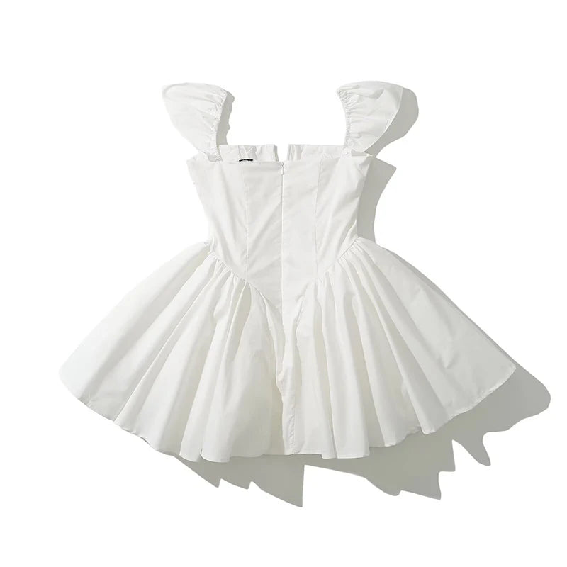 YENKYE Summer Women Sexy Fit And Flare White Mini Dresses Short Sleeve Low Waist