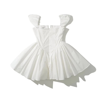 YENKYE Summer Women Sexy Fit And Flare White Mini Dresses Short Sleeve Low Waist