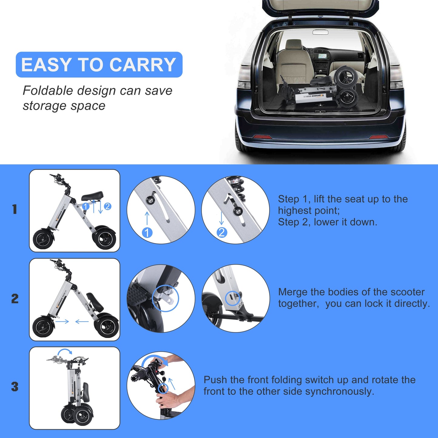 Topmate 10-inch 3 Wheel Foldable Mobility Scooter with Seat 36V