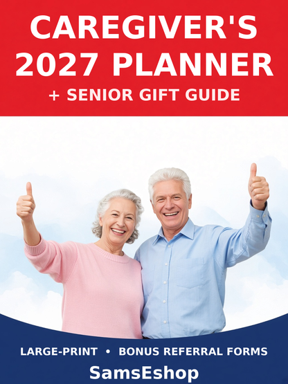 Caregiver's 2027 Planner and Senior Gift Guide large-print cover with happy seniors, red white and blue