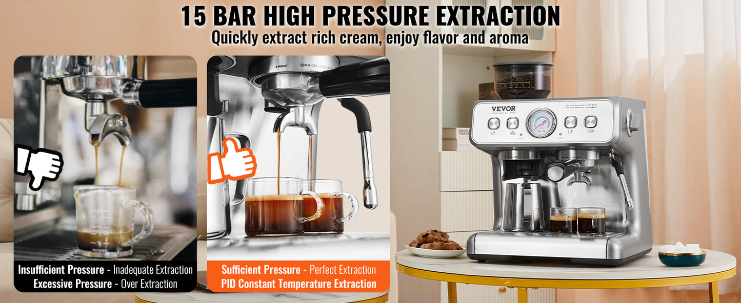 Espresso Machine with Grinder 15 Bar Semi-Automatic Espresso Coffee Maker with Milk Frother Steam Wand