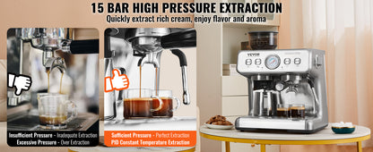 Espresso Machine with Grinder 15 Bar Semi-Automatic Espresso Coffee Maker with Milk Frother Steam Wand