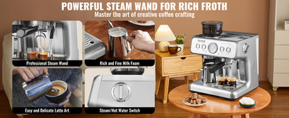 Espresso Machine with Grinder 15 Bar Semi-Automatic Espresso Coffee Maker with Milk Frother Steam Wand