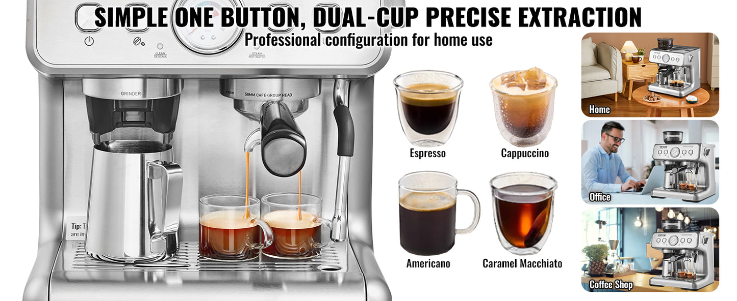 Espresso Machine with Grinder 15 Bar Semi-Automatic Espresso Coffee Maker with Milk Frother Steam Wand