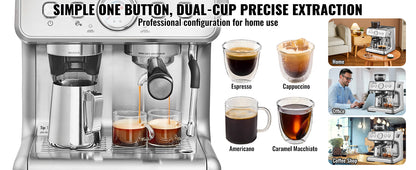 Espresso Machine with Grinder 15 Bar Semi-Automatic Espresso Coffee Maker with Milk Frother Steam Wand