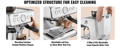 Espresso Machine with Grinder 15 Bar Semi-Automatic Espresso Coffee Maker with Milk Frother Steam Wand