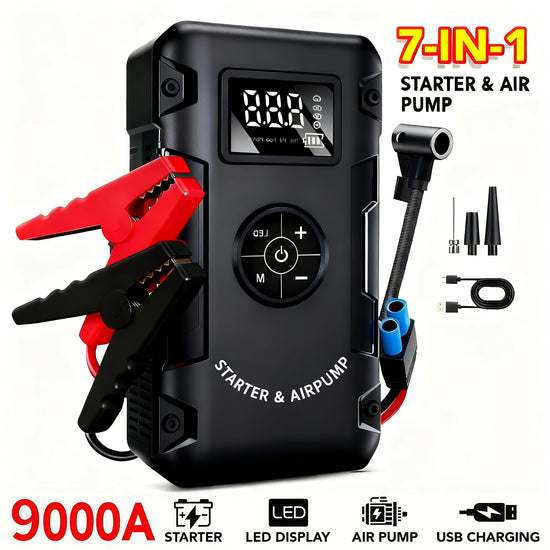 9000A 7in1 Portable Wireless Car Water Pump Jump Starter With Air Alarm Battery Jump Starter Portable Hotspot 12V 80L Gas172 Gallon Diesel Jump Starter USB InputOutput LED Emergency Light Auto Accessory Tool Portable Car Fire And Air