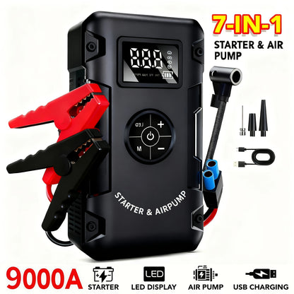 9000A 7in1 Portable Wireless Car Water Pump Jump Starter With Air Alarm Battery Jump Starter Portable Hotspot 12V 80L Gas172 Gallon Diesel Jump Starter USB InputOutput LED Emergency Light Auto Accessory Tool Portable Car Fire And Air