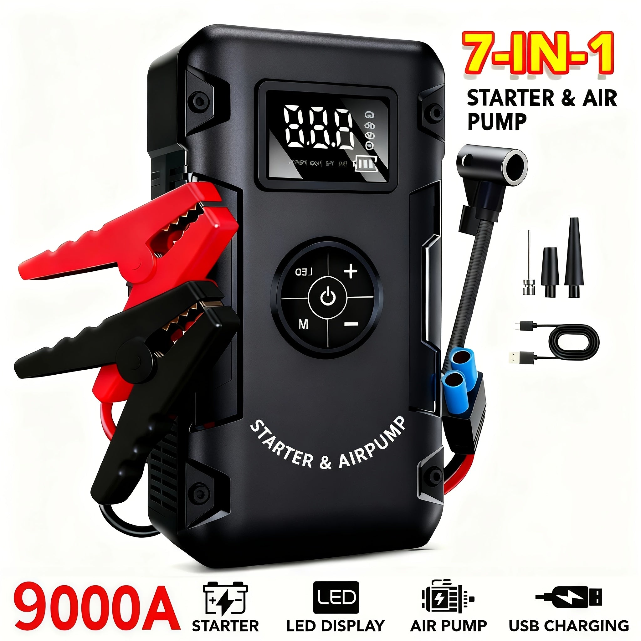 9000A 7in1 Portable Wireless Car Water Pump Jump Starter With Air Alarm Battery Jump Starter Portable Hotspot 12V 80L Gas172 Gallon Diesel Jump Starter USB InputOutput LED Emergency Light Auto Accessory Tool Portable Car Fire And Air