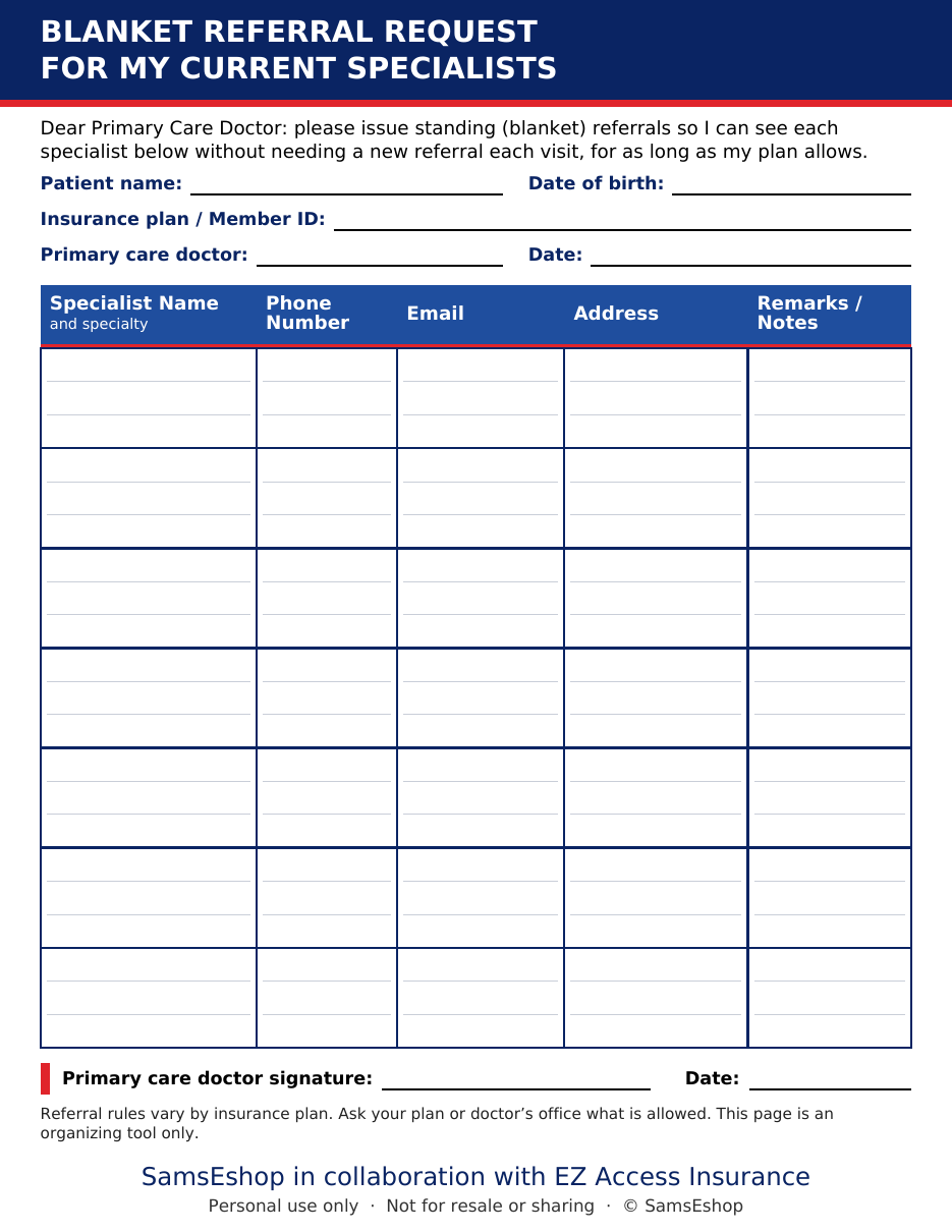 Blanket Referral Request form - portrait