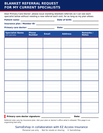 Blanket Referral Request form - portrait