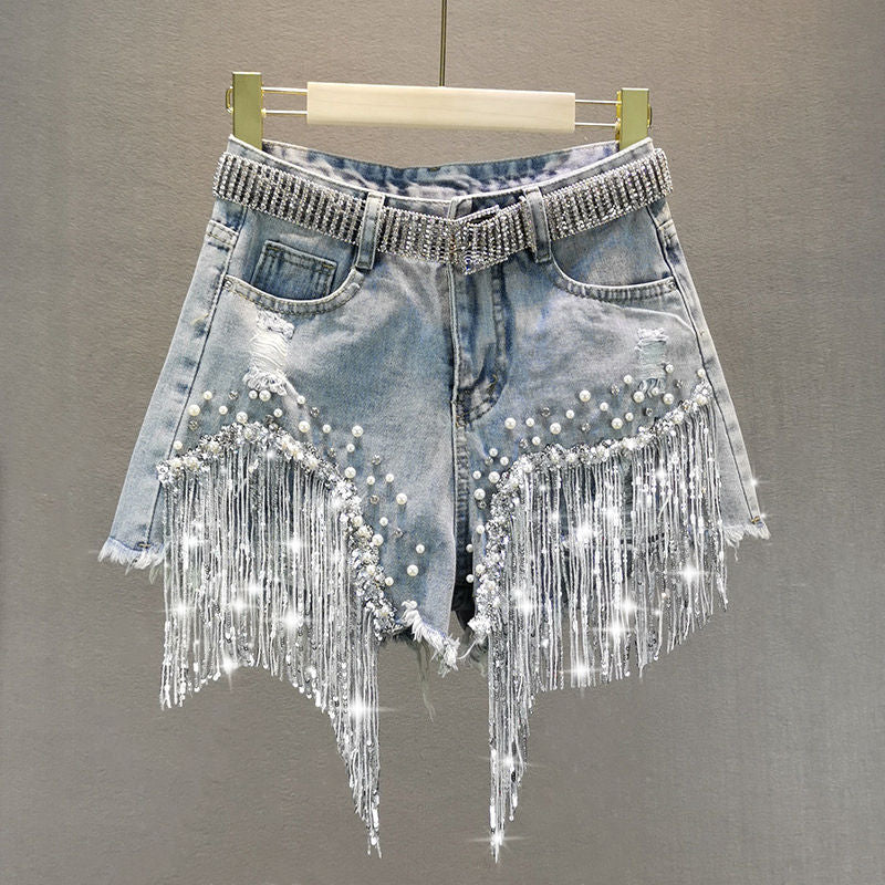 Short en jean à pampilles et perles