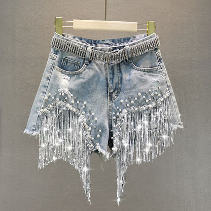 Short en jean à pampilles et perles
