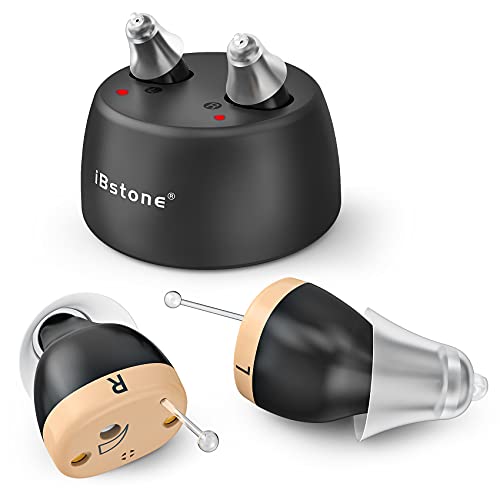 Hearing Aids, iBstone K17 Rechargeable Hearing Aids to Assist Hearing for Seniors & Adults, Mini Completely-in-Canal Digital Hearing Devices with Noise Cancellation, OTC, Pair (Blue & Red)