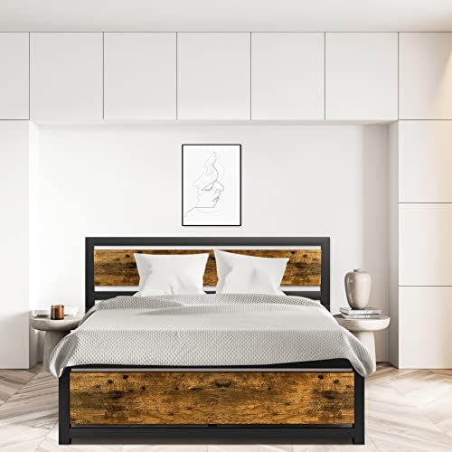 Aqgrj queensize bedframe, platformbedframe met hoofdeinde en stalen stevige lattenbodem, sterke steunpoten, geluidsvrij, geen boxspring nodig, eenvoudige montage, bruin