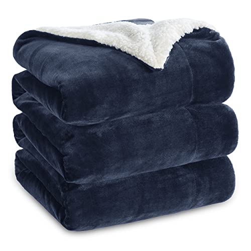 Bedsure Sherpa Fleece Queen Size Blankets for Bed - Thick and Warm for Winter, Soft and Fuzzy Fall Blanket , Navy, 90x90 Inches