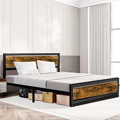 Aqgrj queensize bedframe, platformbedframe met hoofdeinde en stalen stevige lattenbodem, sterke steunpoten, geluidsvrij, geen boxspring nodig, eenvoudige montage, bruin