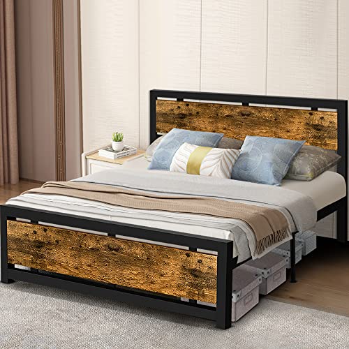 Aqgrj queensize bedframe, platformbedframe met hoofdeinde en stalen stevige lattenbodem, sterke steunpoten, geluidsvrij, geen boxspring nodig, eenvoudige montage, bruin