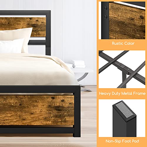 Aqgrj queensize bedframe, platformbedframe met hoofdeinde en stalen stevige lattenbodem, sterke steunpoten, geluidsvrij, geen boxspring nodig, eenvoudige montage, bruin