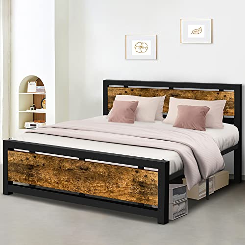 Aqgrj queensize bedframe, platformbedframe met hoofdeinde en stalen stevige lattenbodem, sterke steunpoten, geluidsvrij, geen boxspring nodig, eenvoudige montage, bruin